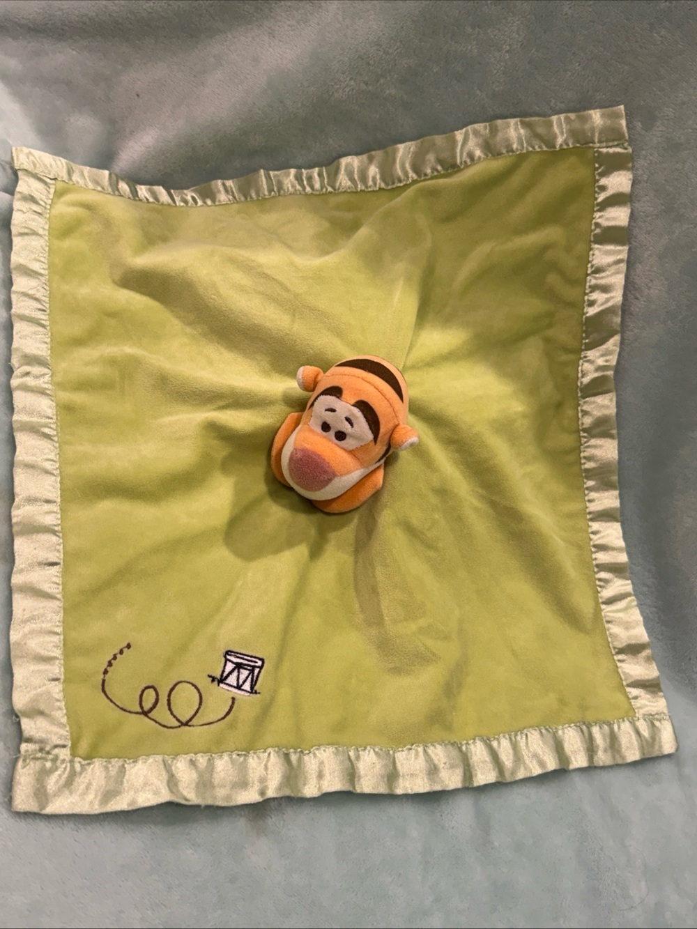 Disney Tigger Lovey Plush Winnie The Pooh Green Baby Security Blanket Satin Trim